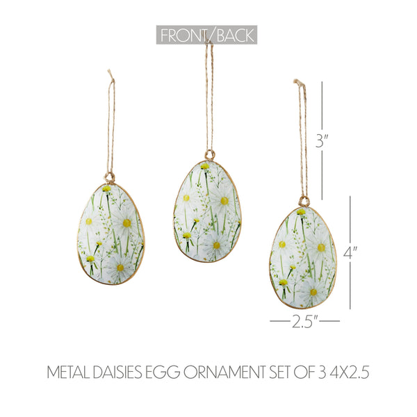 Spring In Bloom Metal Daisies Egg Ornament Set of 3 4x2.5
