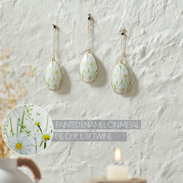 Spring In Bloom Metal Daisies Egg Ornament Set of 3 4x2.5