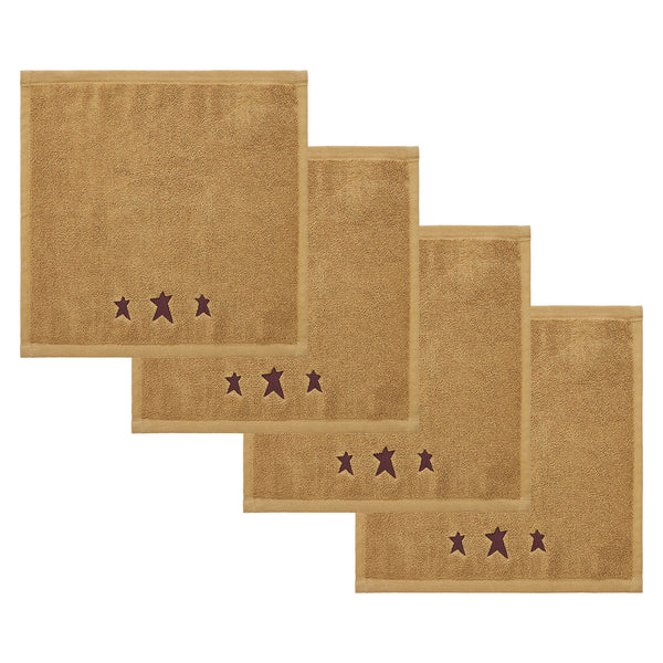 Burgundy Prim Stars Tan Washcloth Set of 4 12x12