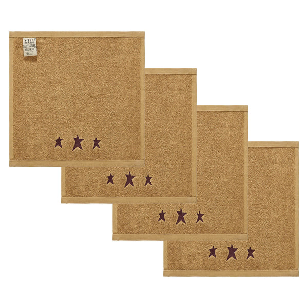 Burgundy Prim Stars Tan Washcloth Set of 4 12x12