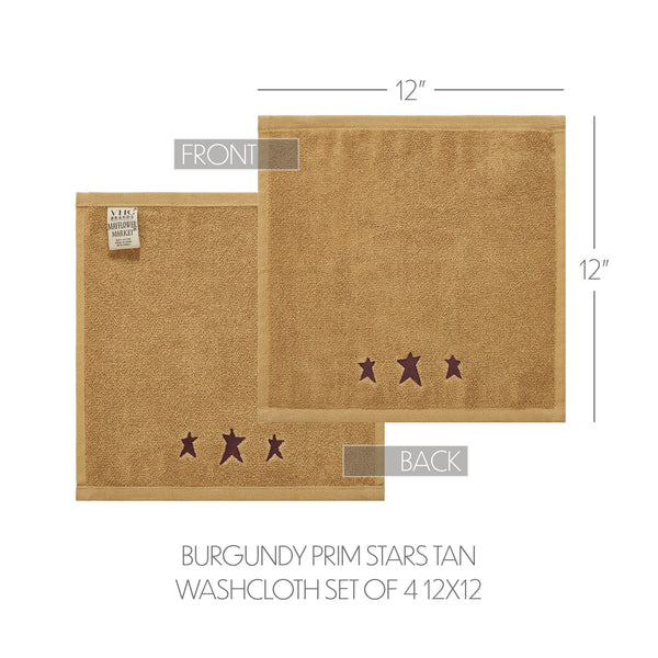 Burgundy Prim Stars Tan Washcloth Set of 4 12x12