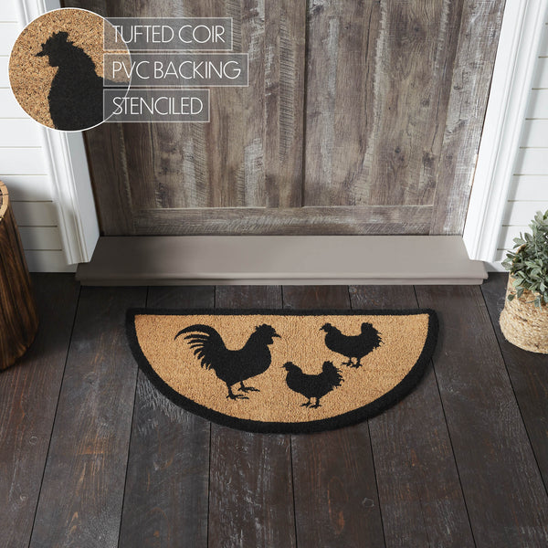 Down Home Rooster & Hens Coir Rug Half Circle 16.5x33