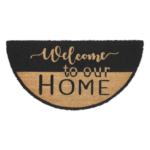 Welcome To Our Home Black Tan Coir Rug Half Circle 16.5x33