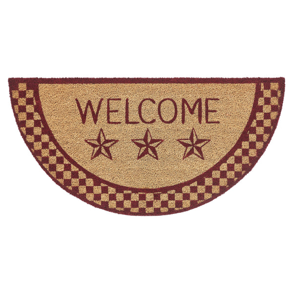 Burgundy Check Stars Coir Welcome Rug Half Circle 16.5x33
