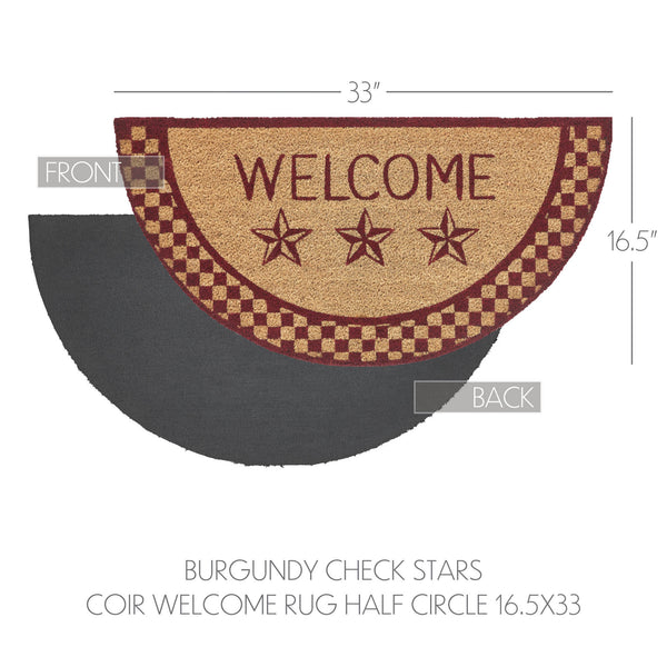 Burgundy Check Stars Coir Welcome Rug Half Circle 16.5x33