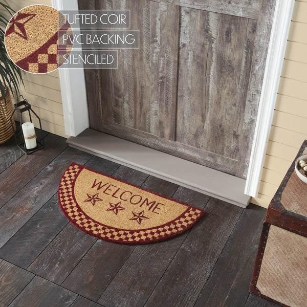 Burgundy Check Stars Coir Welcome Rug Half Circle 16.5x33