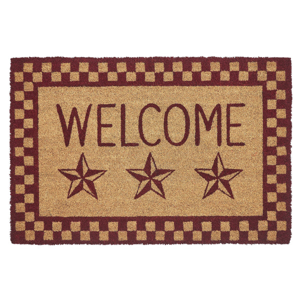 Burgundy Check Stars Coir Welcome Rug Rect 20x30