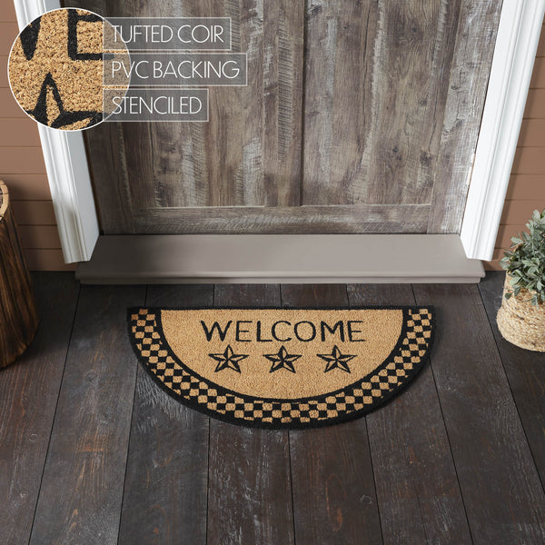 Black Check Stars Coir Welcome Rug Half Circle 16.5x33