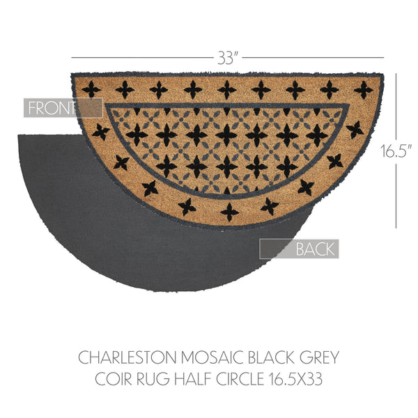 Charleston Mosaic Black Grey Coir Rug Half Circle 16.5x33