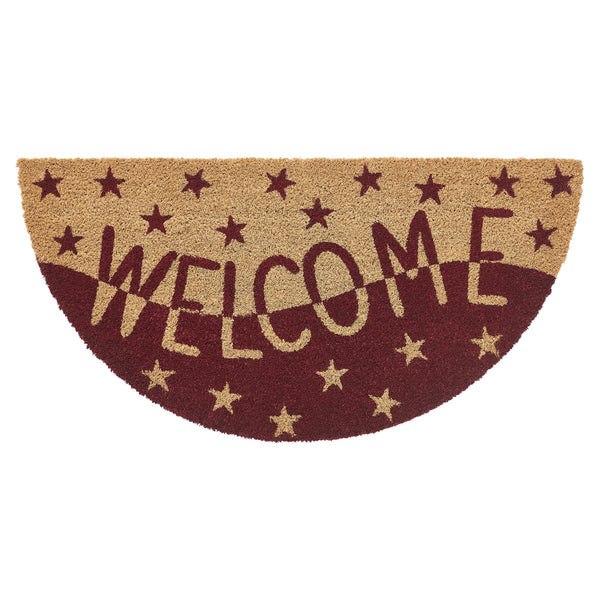 Burgundy Tan Stars Coir Welcome Rug Half Circle 16.5x33