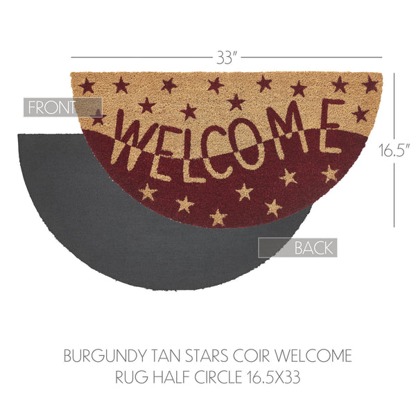Burgundy Tan Stars Coir Welcome Rug Half Circle 16.5x33