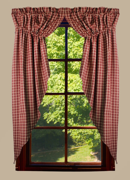 Appleton Barn Red plaid gathered swag in red and tan cotton with lined panels and coordinating tiebacks for country farmhouse windows