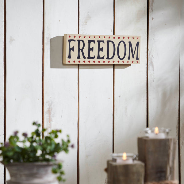 FREEDOM w/ Red Stars On Creme MDF Block Sign 4x11x1