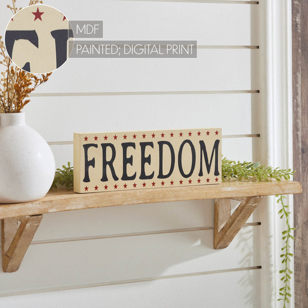 FREEDOM w/ Red Stars On Creme MDF Block Sign 4x11x1
