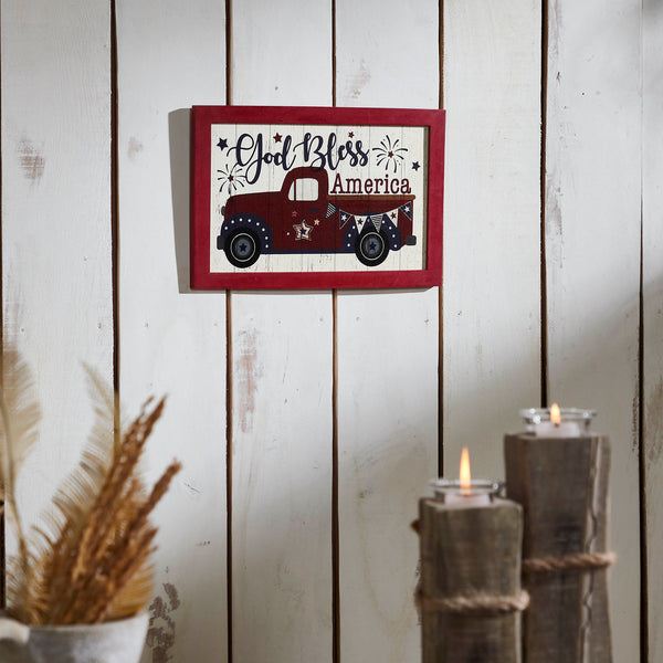 Shiplap God Bless America Red Truck Bunting & Fireworks MDF Wall Sign 8x12