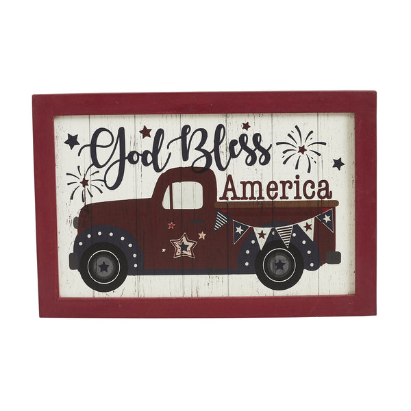 Shiplap God Bless America Red Truck Bunting & Fireworks MDF Wall Sign 8x12