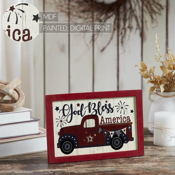 Shiplap God Bless America Red Truck Bunting & Fireworks MDF Wall Sign 8x12