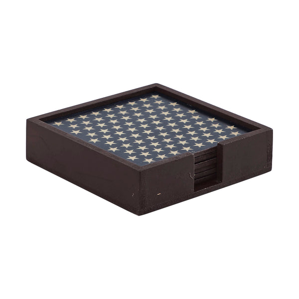 White Stars On Navy MDF Coaster w/ Container Set of 6 4x4