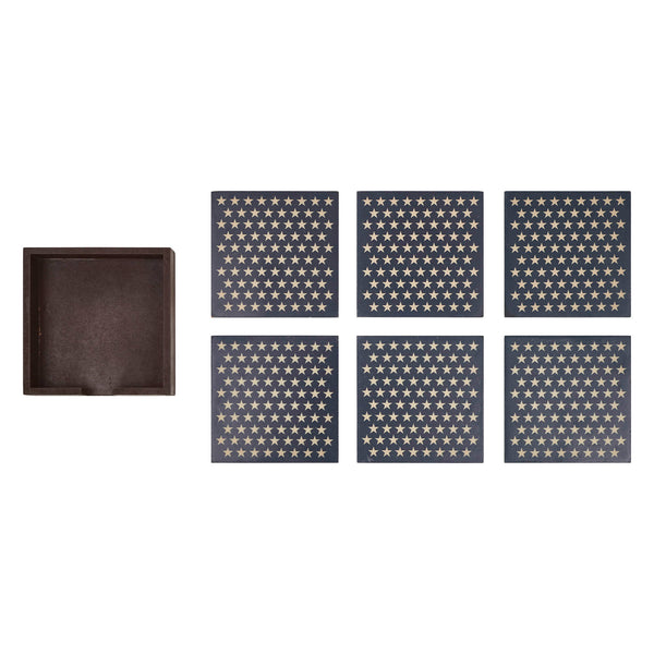 White Stars On Navy MDF Coaster w/ Container Set of 6 4x4