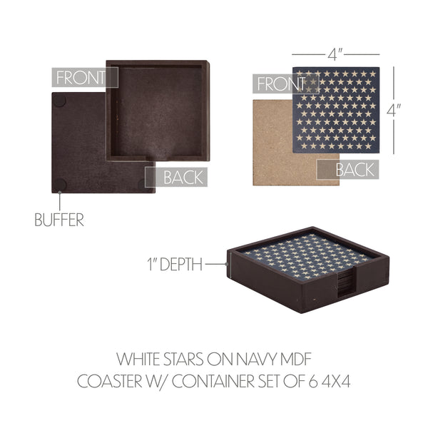 White Stars On Navy MDF Coaster w/ Container Set of 6 4x4