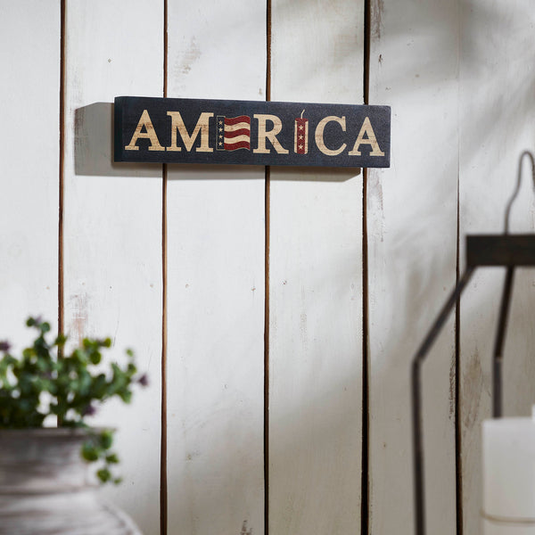 AMERICA Flag and Firecracker MDF Block Sign 3x14x1