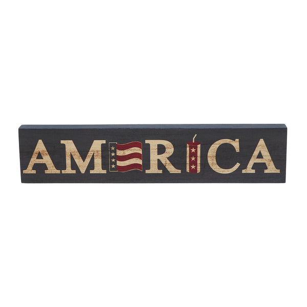 AMERICA Flag and Firecracker MDF Block Sign 3x14x1