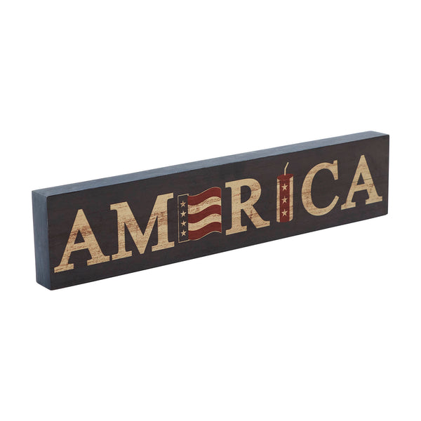 AMERICA Flag and Firecracker MDF Block Sign 3x14x1