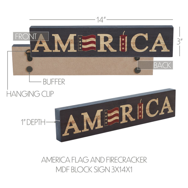 AMERICA Flag and Firecracker MDF Block Sign 3x14x1