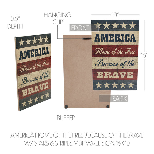 AMERICA Home Of The Free Because Of The Brave w/ Stars & Stripes MDF Wall Sign 16x10