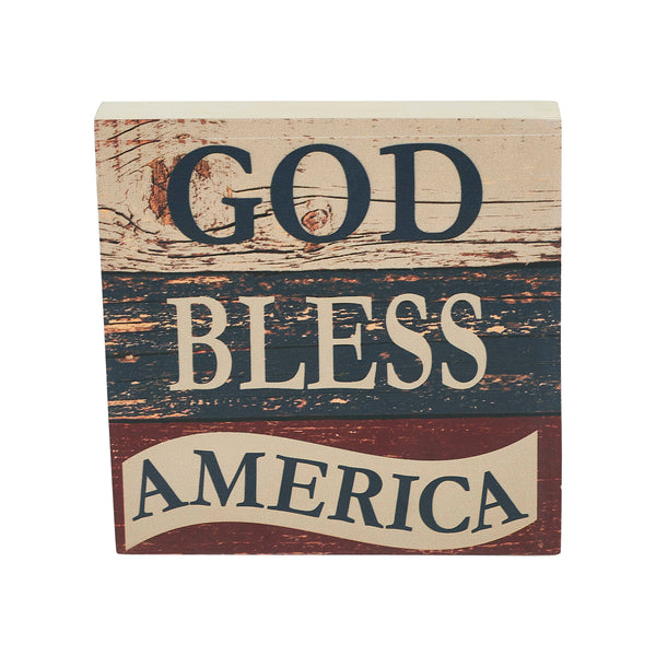 God Bless America White Blue Red MDF Block Sign 6x6x1