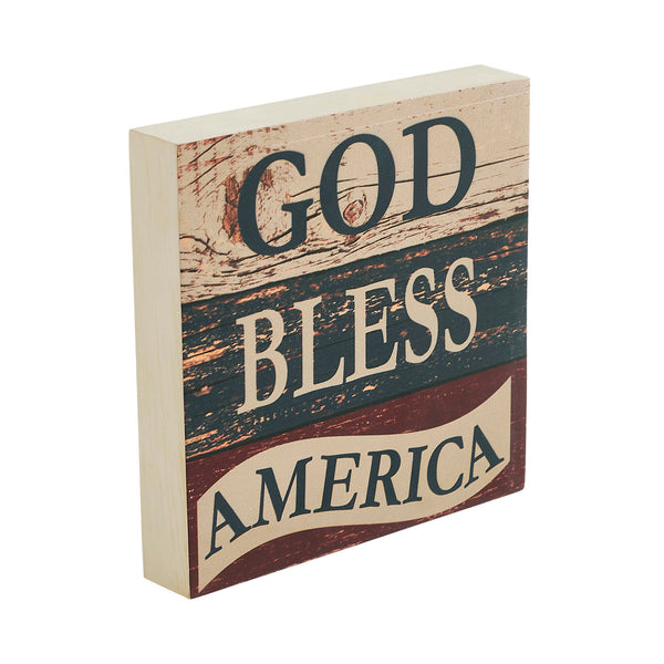 God Bless America White Blue Red MDF Block Sign 6x6x1