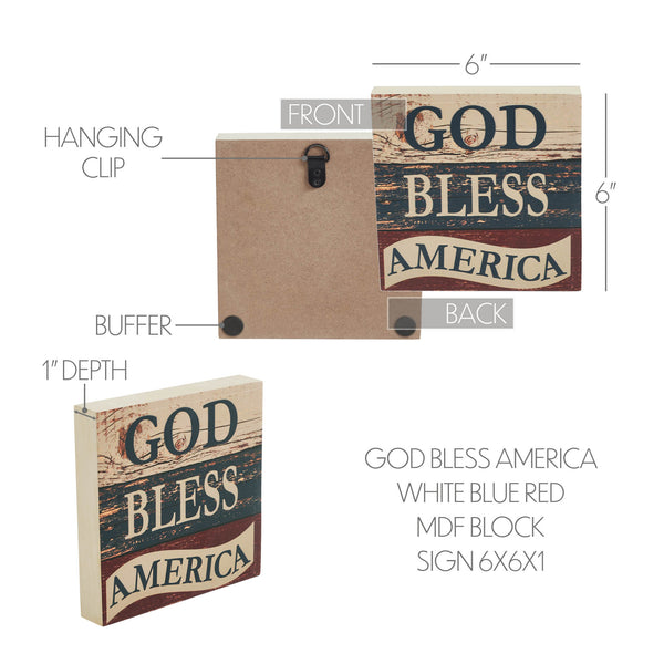God Bless America White Blue Red MDF Block Sign 6x6x1