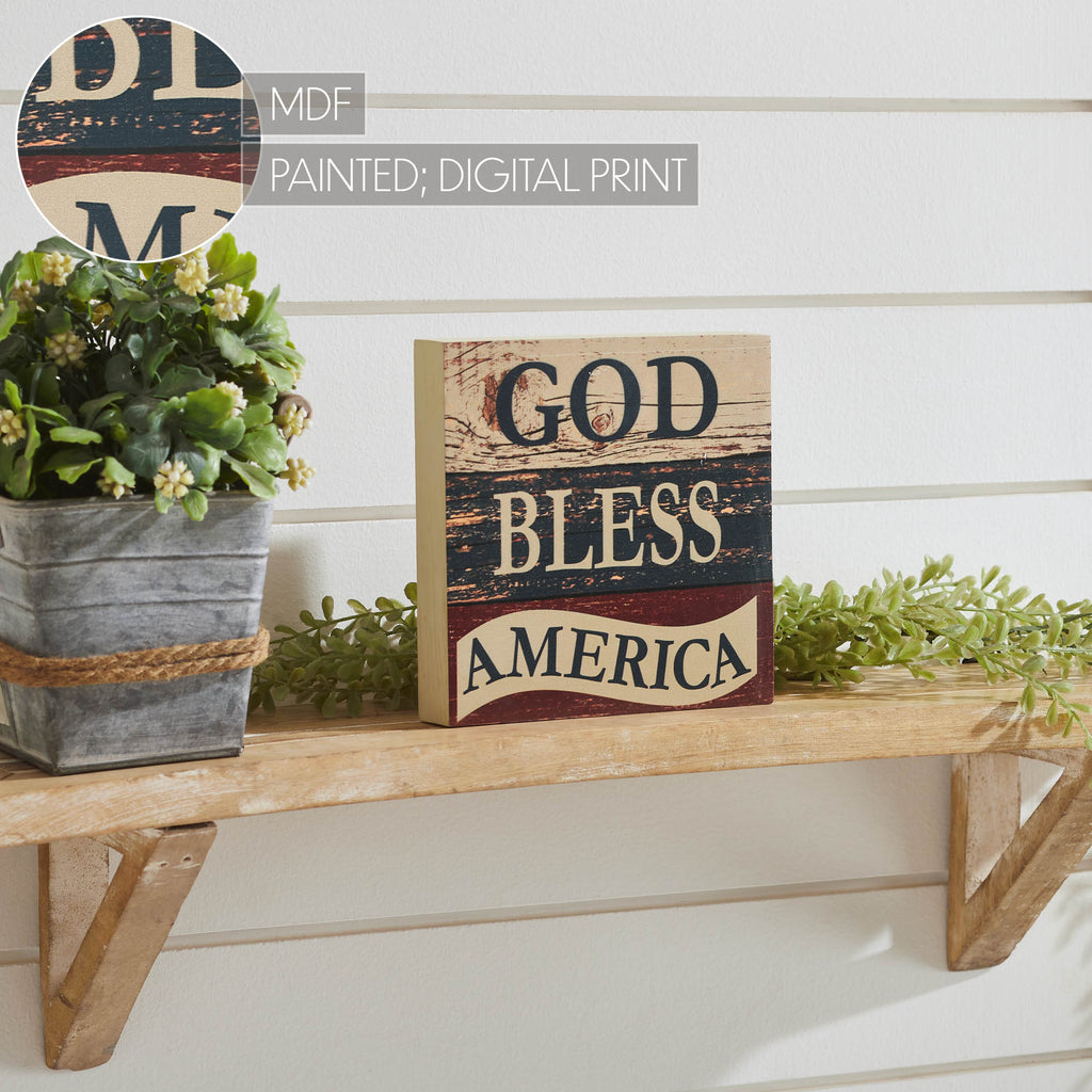 God Bless America White Blue Red MDF Block Sign 6x6x1 - Allyson's