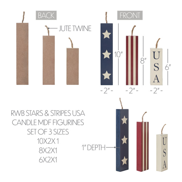 RWB Stars & Stripes USA Candle MDF Figurines Set of 3 Sizes