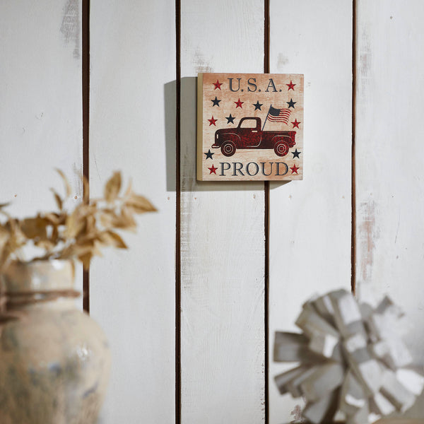 My Country USA Proud Red Truck w/ Red & Blue Stars MDF Block Sign 6x6x1