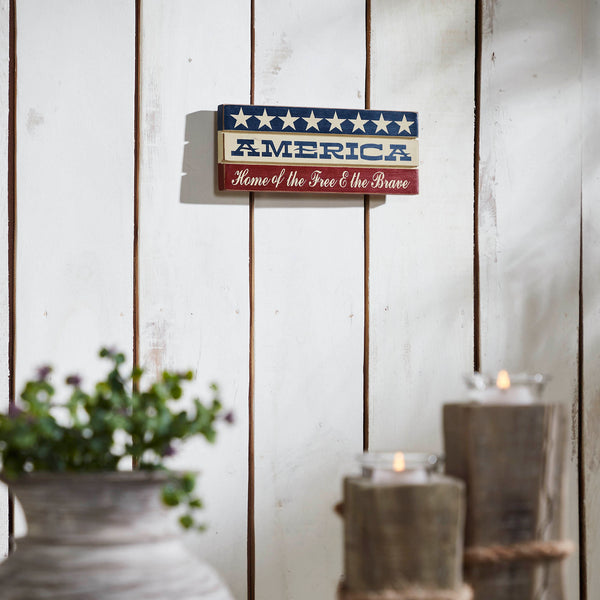 AMERICA Home Of The Free And The Brave w/ White Stars On Blue Stripe MDF Sign 3.5x9