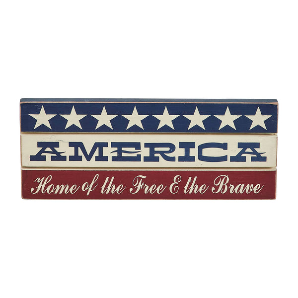 AMERICA Home Of The Free And The Brave w/ White Stars On Blue Stripe MDF Sign 3.5x9