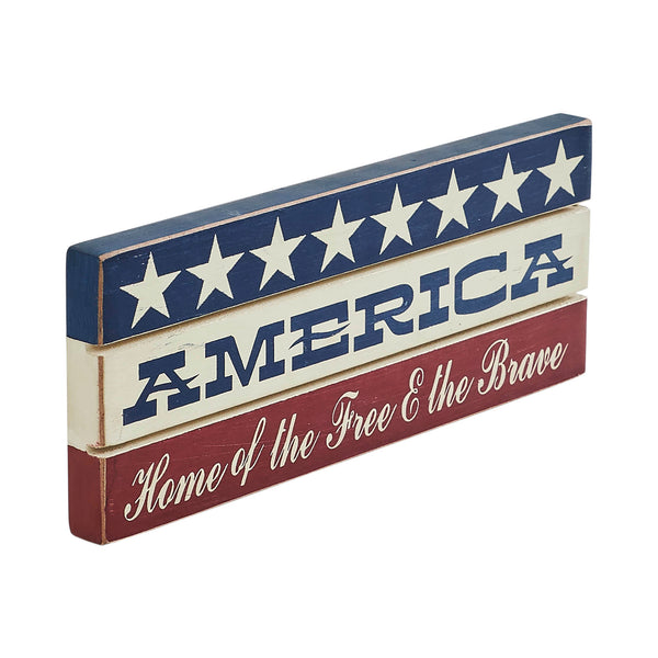 AMERICA Home Of The Free And The Brave w/ White Stars On Blue Stripe MDF Sign 3.5x9