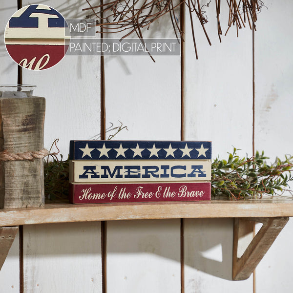 AMERICA Home Of The Free And The Brave w/ White Stars On Blue Stripe MDF Sign 3.5x9