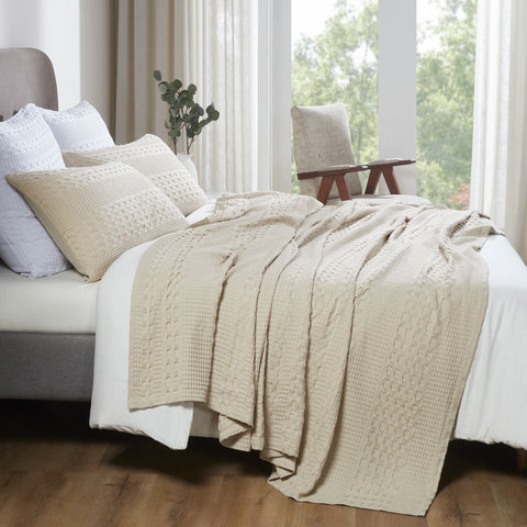Lightweight 66x90 natural cotton twin blanket with waffle weave texture. Soft, breathable, and timeless farmhouse style for bed, sofa, or chair.