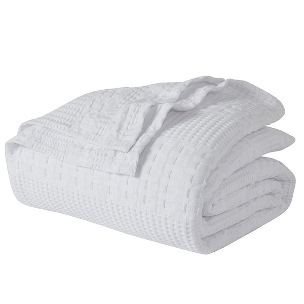 VHC Brands Waffle Weave White Queen Blanket, 90x90 - 100% Cotton, Lightweight Farmhouse Decor for Bed, Couch & Sofa