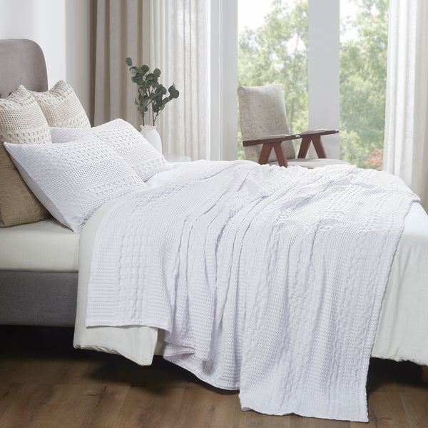 VHC Brands Waffle Weave White Twin Blanket 66x90 - 100% Cotton, Lightweight Farmhouse Cover for Bed, Couch & Sofa