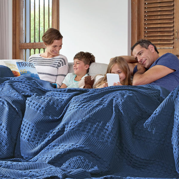 VHC Brands Waffle Weave King Blanket, Navy Blue 90x108 - 100% Cotton, Lightweight & Breathable Throw for Bed, Couch, Sofa - Farmhouse Bedroom Decor