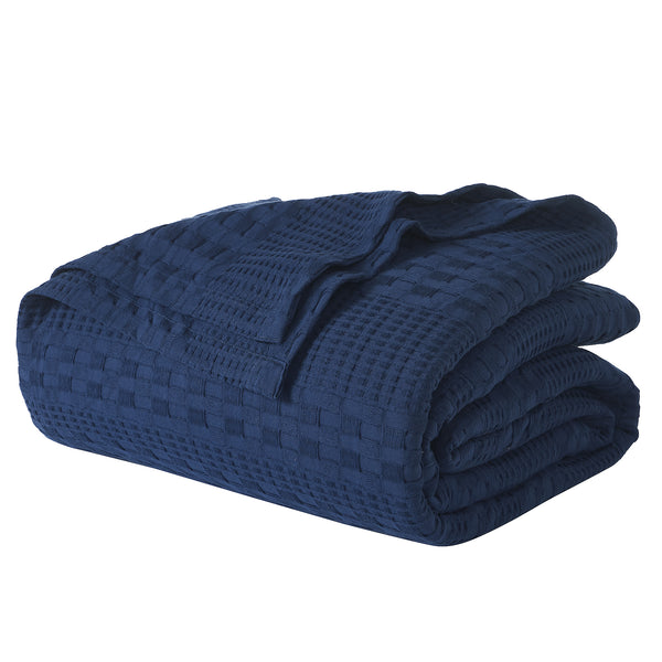 VHC Brands Waffle Weave Navy Blue Twin Blanket - 100% Cotton 66x90 Lightweight Cover for Bed, Couch, Sofa - Farmhouse & Boho Bedroom Decor