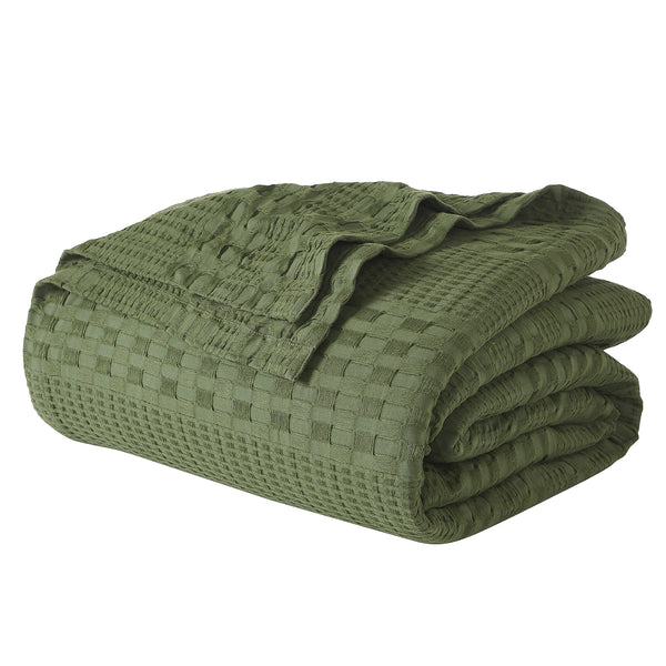 VHC Brands Olive Green King Waffle Weave Blanket - 100% Cotton, 90x108 - Lightweight Farmhouse Bed & Couch Cover for All Seasons