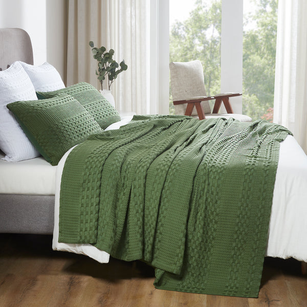 VHC Brands Waffle Weave Olive Green Queen Blanket 90x90 - 100% Cotton, Lightweight, for Bed, Couch, Sofa - Farmhouse & Boho Home Decor