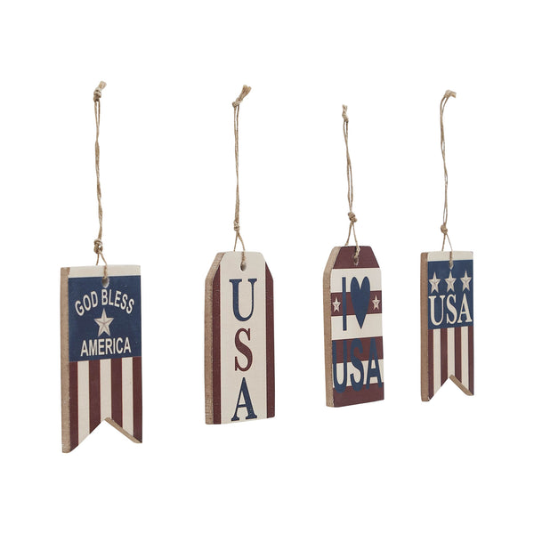My Country USA RWB MDF Ornament w/ Twine Set of 4 4x2.5x0.25