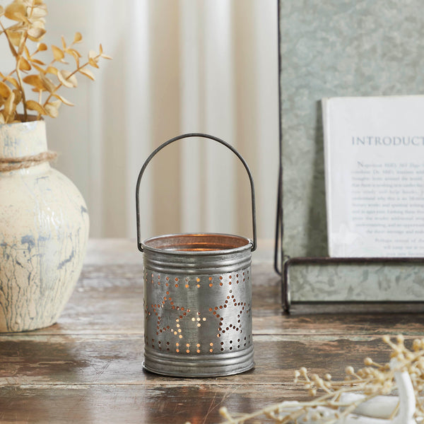 Punched Star Antique Metal Candle Holder 3.75x3.25x3.25