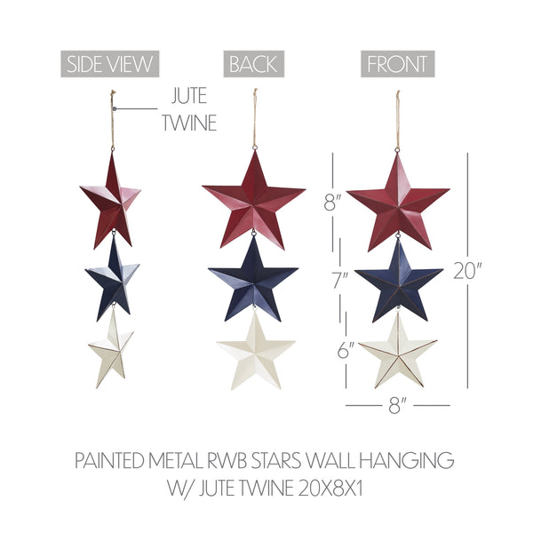 Painted Metal RWB Stars Wall Hanging w/ Jute Twine 20x8x1