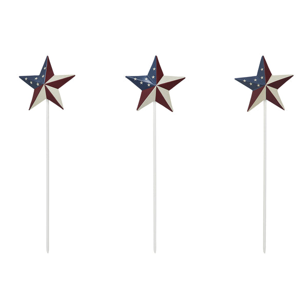 Painted Metal American Flag Theme Star on Pick Set of 3 12x3.5